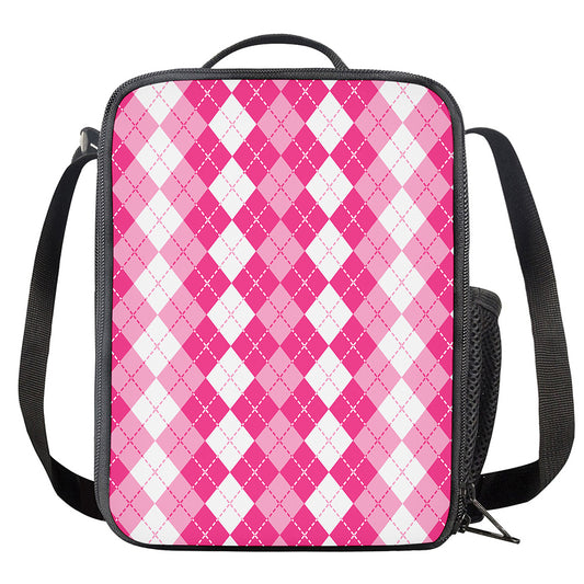 Pink And White Argyle Pattern Print Crossbody Lunch Bag