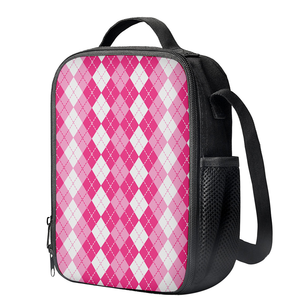 Pink And White Argyle Pattern Print Crossbody Lunch Bag
