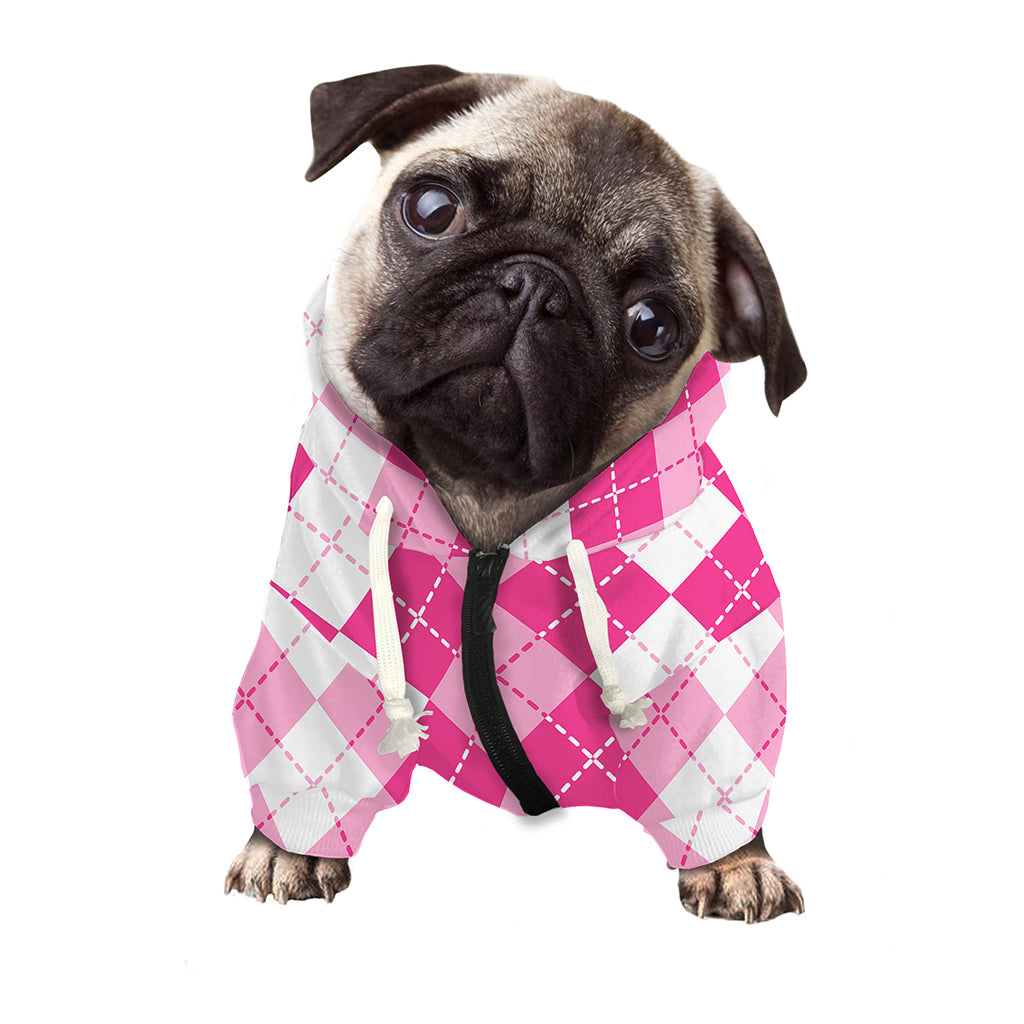Pink And White Argyle Pattern Print Dog Zip Up Hoodie