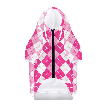 Pink And White Argyle Pattern Print Dog Zip Up Hoodie