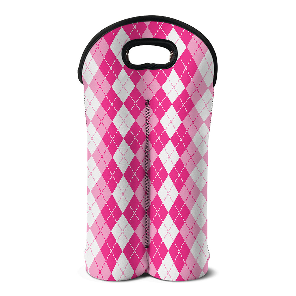 Pink And White Argyle Pattern Print Double Neoprene Wine Tote