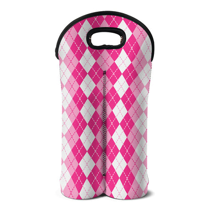 Pink And White Argyle Pattern Print Double Neoprene Wine Tote