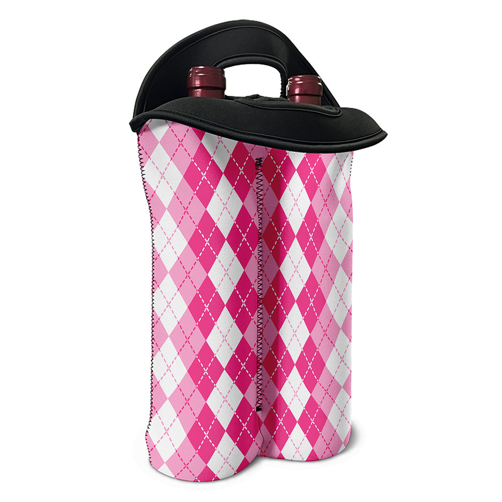 Pink And White Argyle Pattern Print Double Neoprene Wine Tote