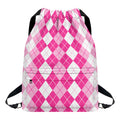 Pink And White Argyle Pattern Print Drawstring Backpack