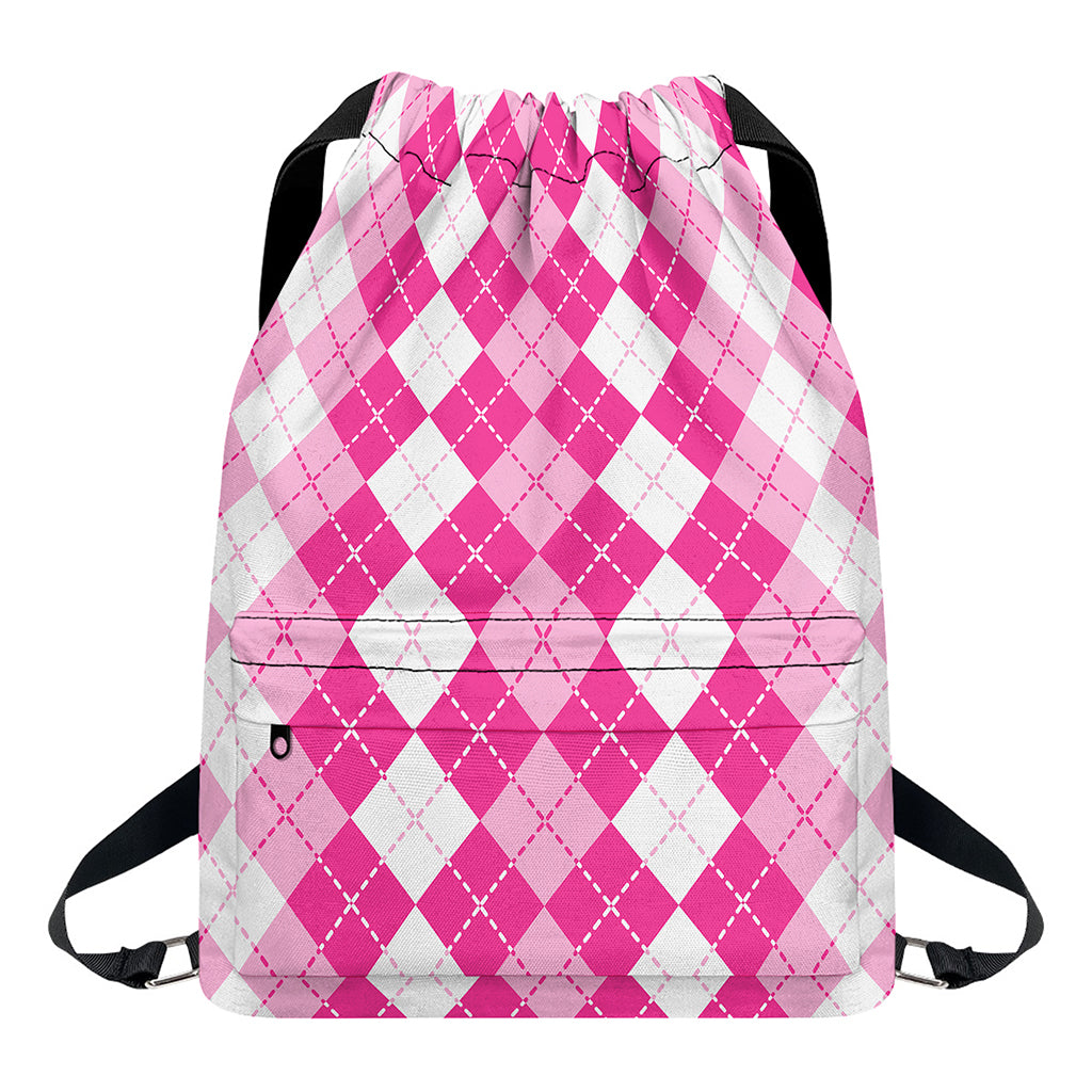 Pink And White Argyle Pattern Print Drawstring Backpack