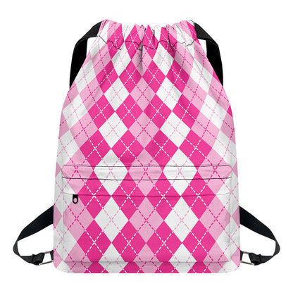 Pink And White Argyle Pattern Print Drawstring Backpack