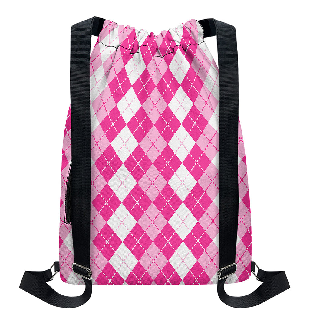 Pink And White Argyle Pattern Print Drawstring Backpack
