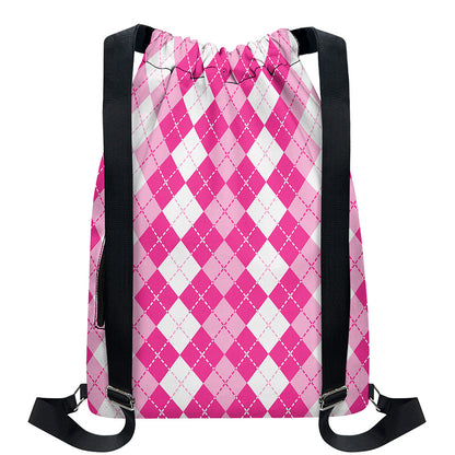 Pink And White Argyle Pattern Print Drawstring Backpack