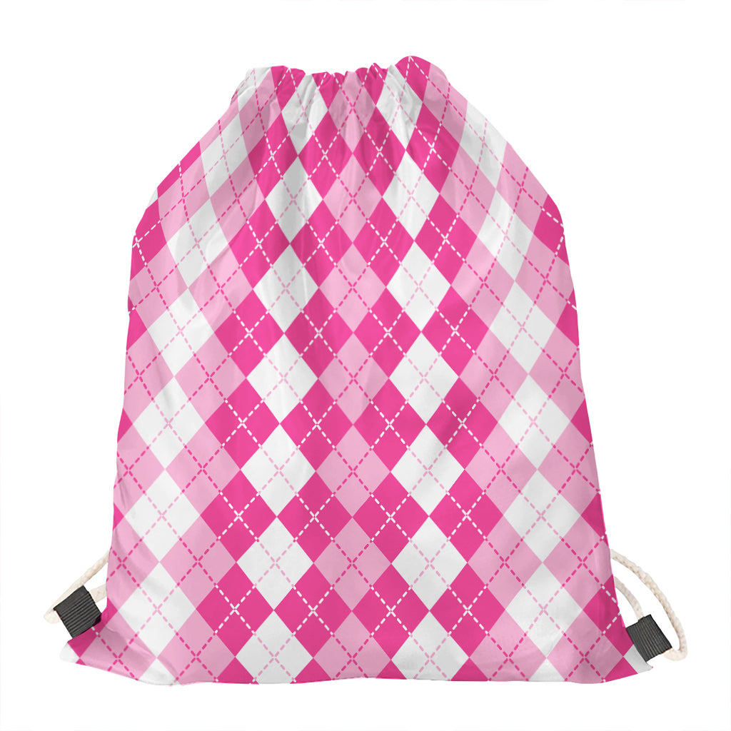 Pink And White Argyle Pattern Print Drawstring Bag