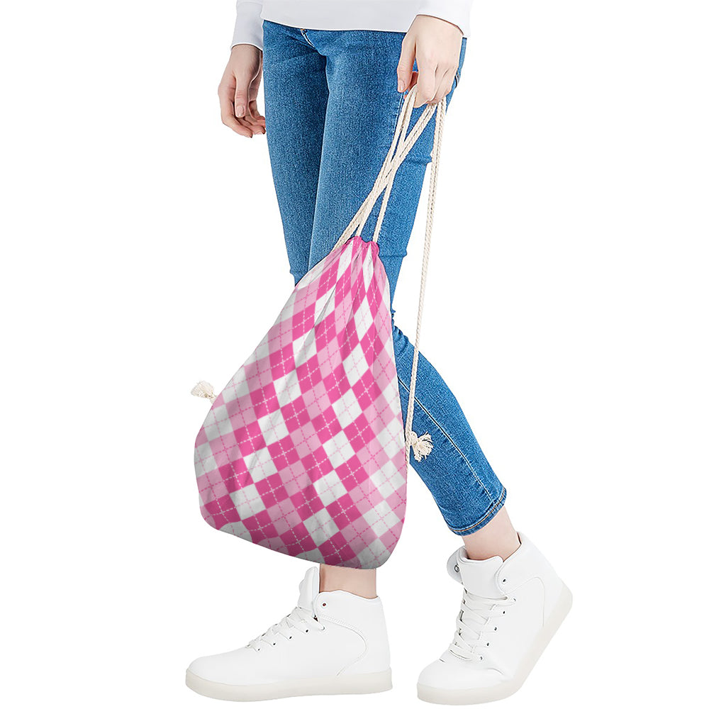 Pink And White Argyle Pattern Print Drawstring Bag