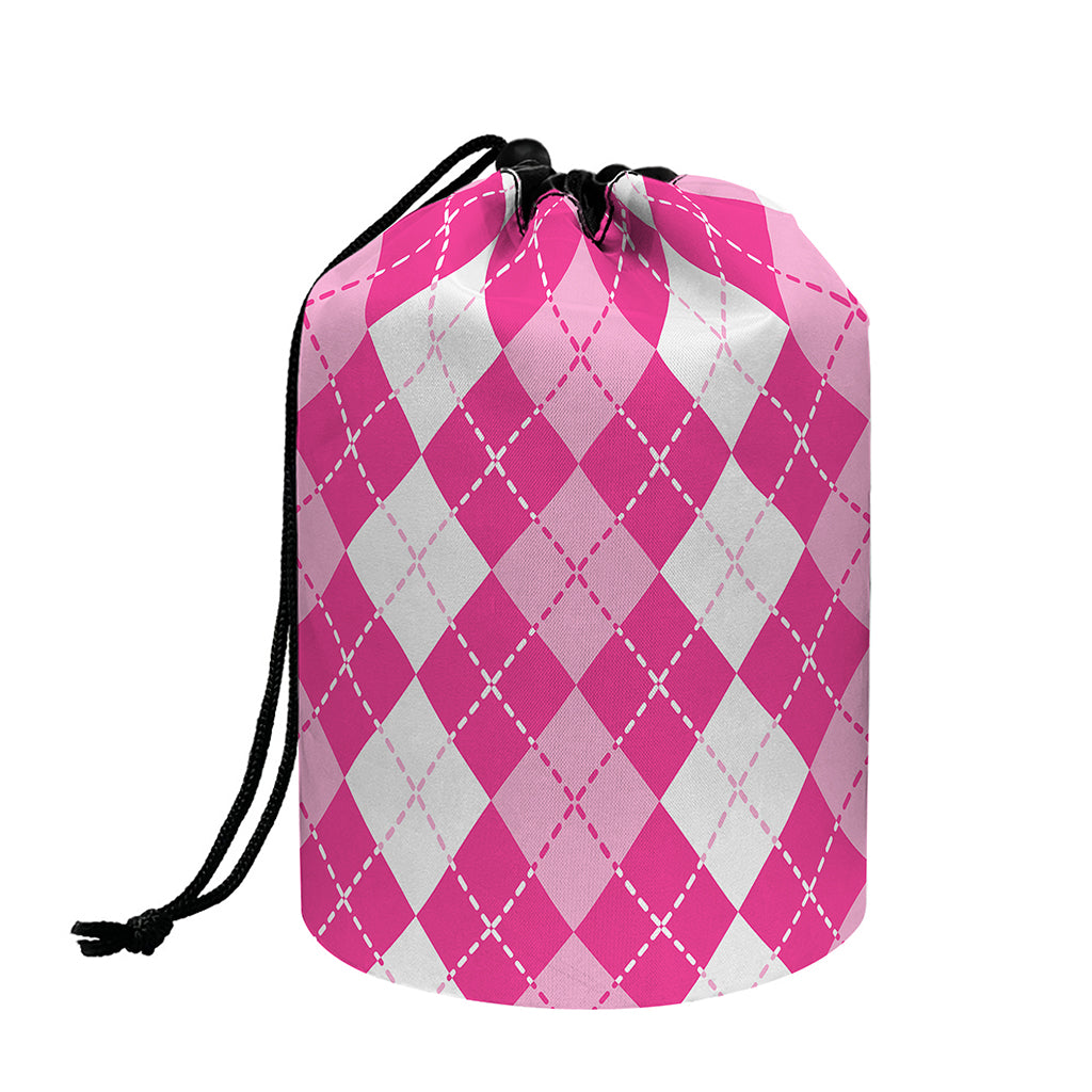 Pink And White Argyle Pattern Print Drawstring Makeup Bag