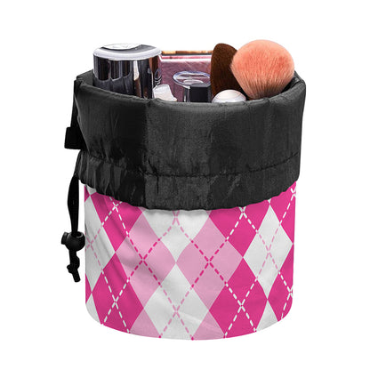 Pink And White Argyle Pattern Print Drawstring Makeup Bag