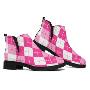 Pink And White Argyle Pattern Print Flat Ankle Boots