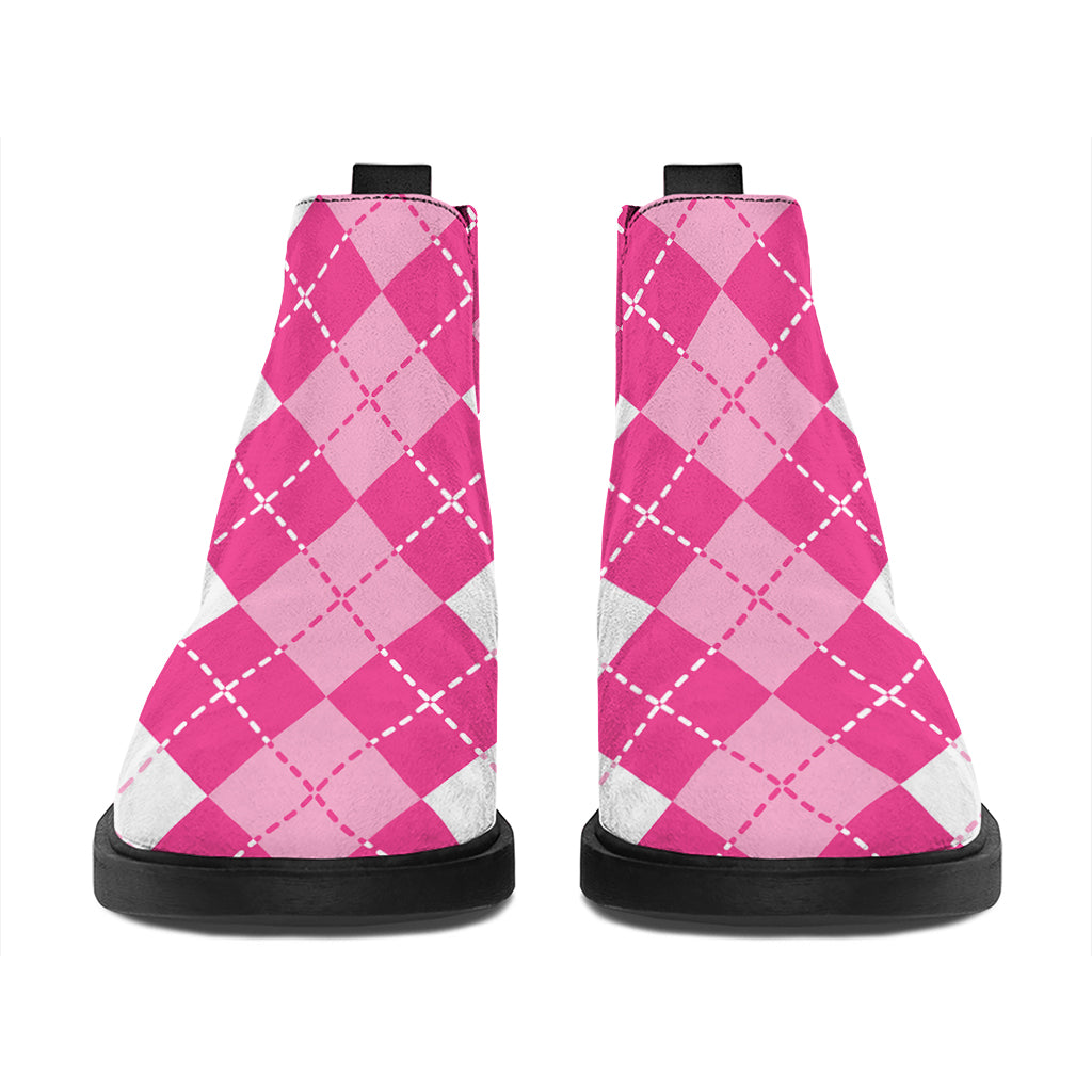 Pink And White Argyle Pattern Print Flat Ankle Boots