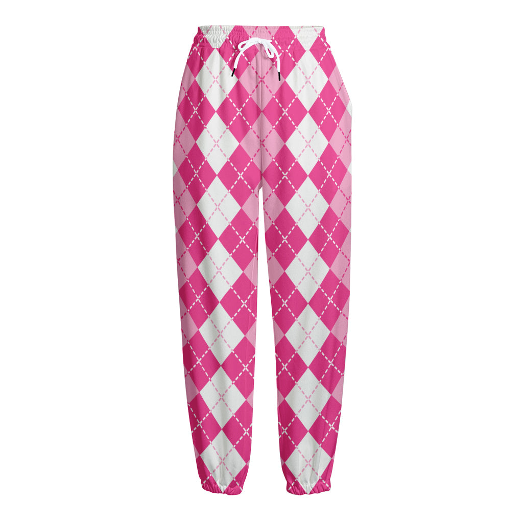 Pink And White Argyle Pattern Print Fleece Lined Knit Pants