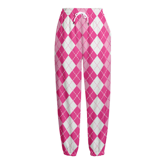 Pink And White Argyle Pattern Print Fleece Lined Knit Pants