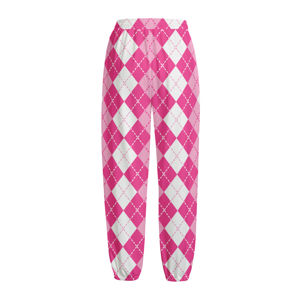 Pink And White Argyle Pattern Print Fleece Lined Knit Pants