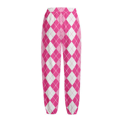 Pink And White Argyle Pattern Print Fleece Lined Knit Pants