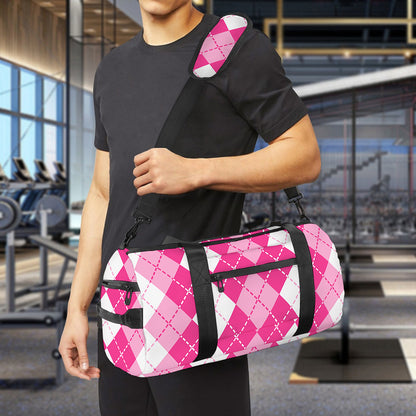 Pink And White Argyle Pattern Print Gym Bag