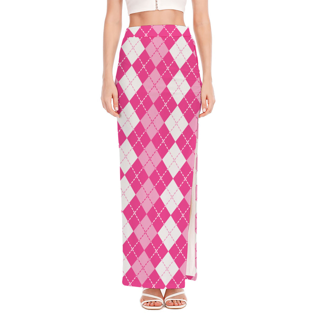 Pink And White Argyle Pattern Print High Slit Maxi Skirt