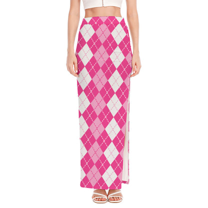 Pink And White Argyle Pattern Print High Slit Maxi Skirt