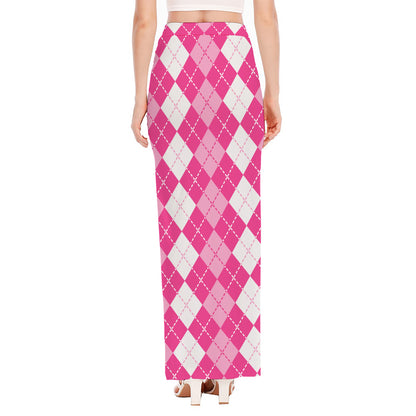 Pink And White Argyle Pattern Print High Slit Maxi Skirt