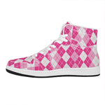 Pink And White Argyle Pattern Print High Top Leather Sneakers