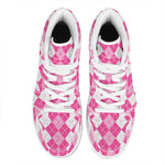 Pink And White Argyle Pattern Print High Top Leather Sneakers
