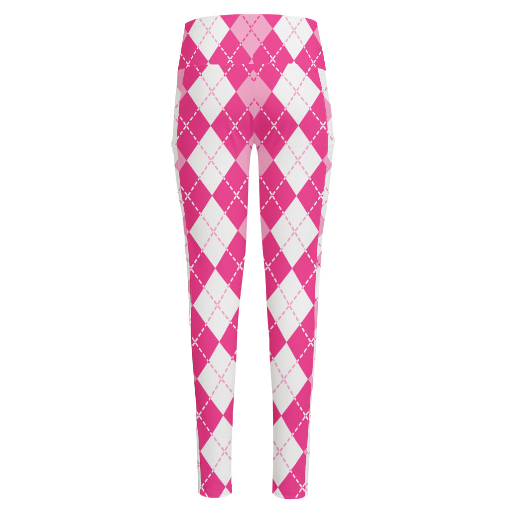Pink And White Argyle Pattern Print High-Waisted Pocket Leggings