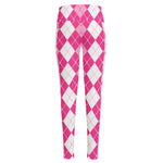 Pink And White Argyle Pattern Print High-Waisted Pocket Leggings