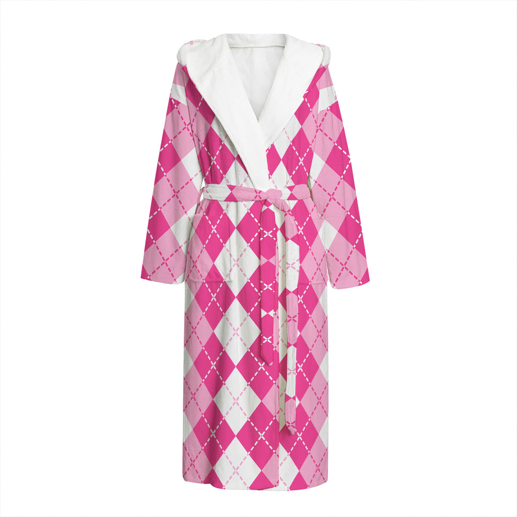 Pink And White Argyle Pattern Print Hooded Bathrobe