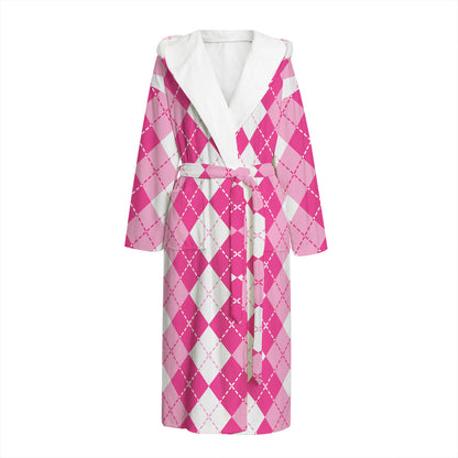 Pink And White Argyle Pattern Print Hooded Bathrobe