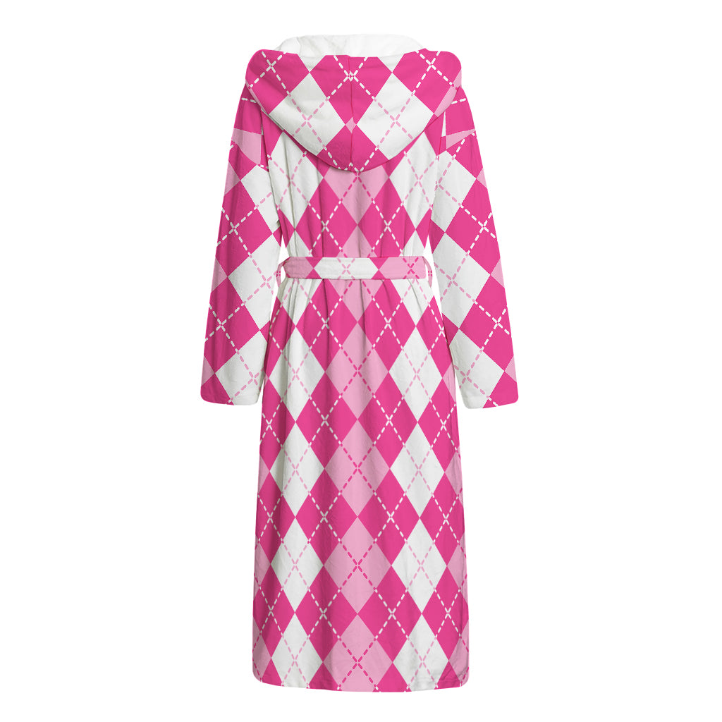 Pink And White Argyle Pattern Print Hooded Bathrobe