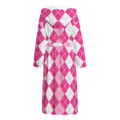 Pink And White Argyle Pattern Print Hooded Bathrobe