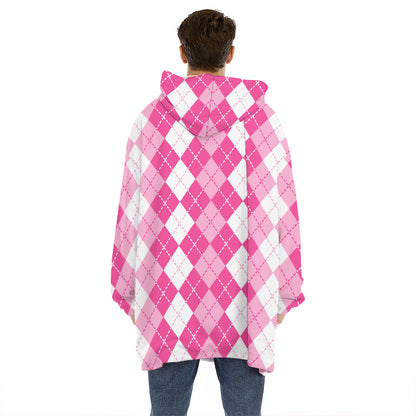 Pink And White Argyle Pattern Print Hoodie Blanket