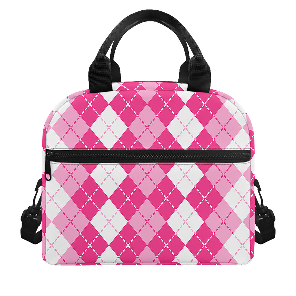 Pink And White Argyle Pattern Print Insulated Lunch Bag