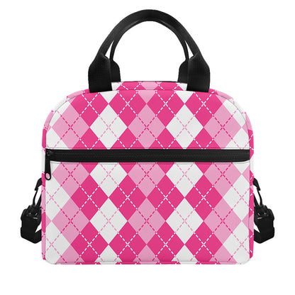 Pink And White Argyle Pattern Print Insulated Lunch Bag