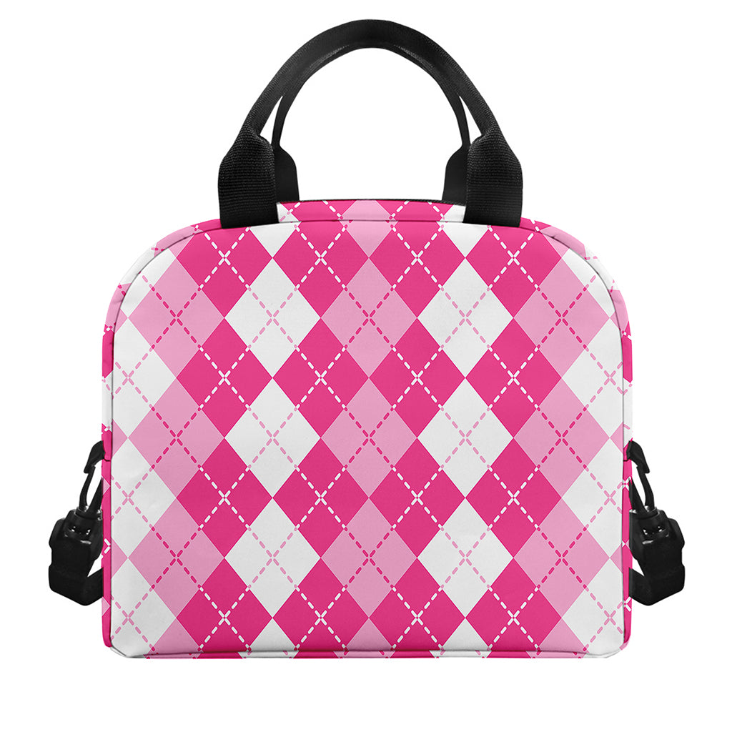 Pink And White Argyle Pattern Print Insulated Lunch Bag