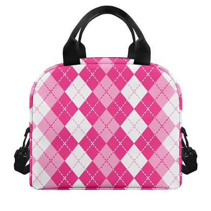 Pink And White Argyle Pattern Print Insulated Lunch Bag