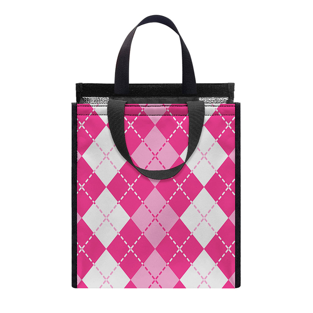 Pink And White Argyle Pattern Print Insulated Lunch Tote