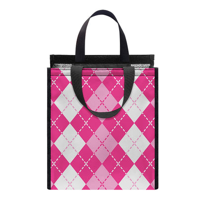Pink And White Argyle Pattern Print Insulated Lunch Tote