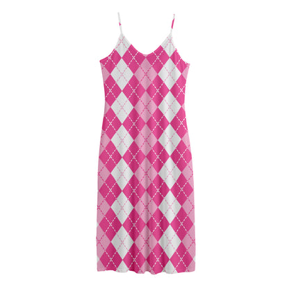 Pink And White Argyle Pattern Print Jersey Midi Cami Dress