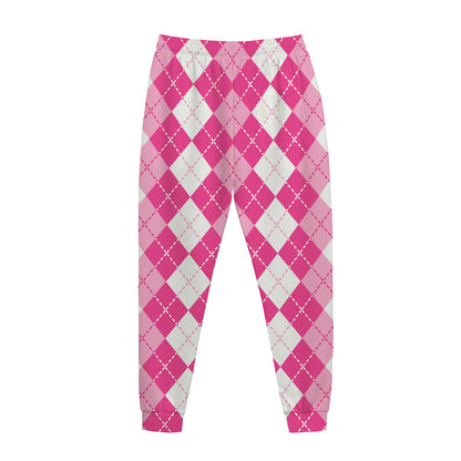 Pink And White Argyle Pattern Print Jogger Pants