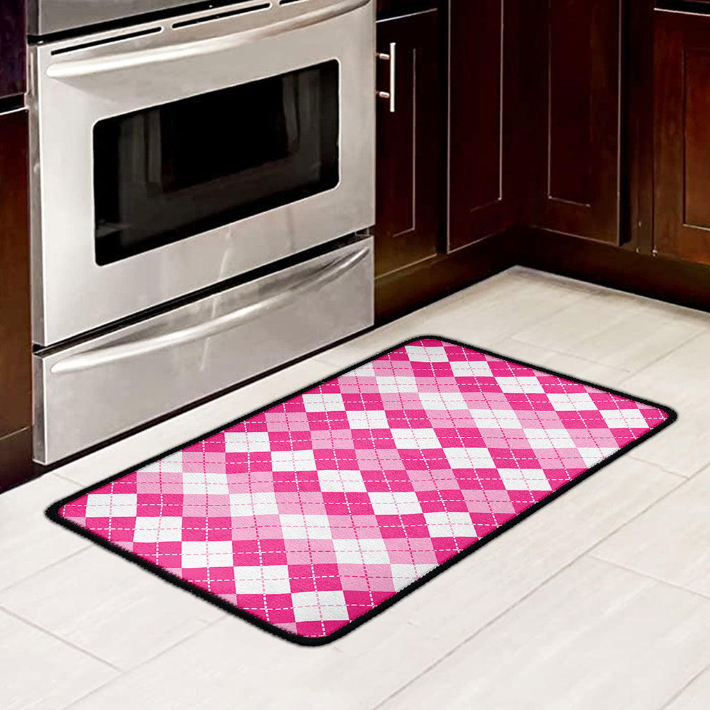 Pink And White Argyle Pattern Print Kitchen Mat