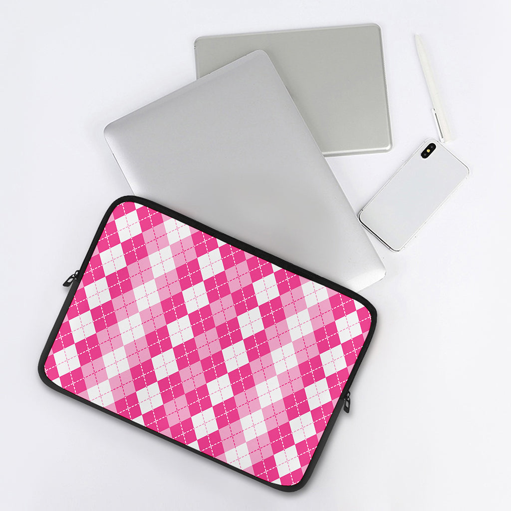Pink And White Argyle Pattern Print Laptop Sleeve