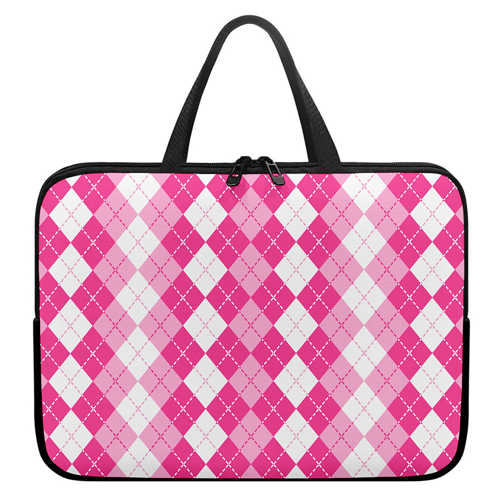 Pink And White Argyle Pattern Print Laptop Sleeve With Handle