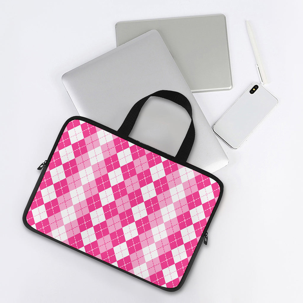 Pink And White Argyle Pattern Print Laptop Sleeve With Handle