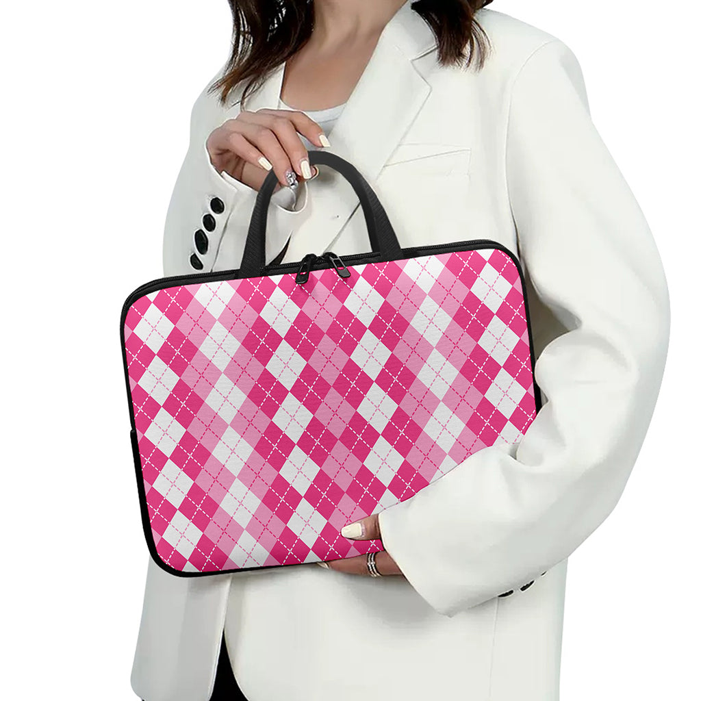 Pink And White Argyle Pattern Print Laptop Sleeve With Handle