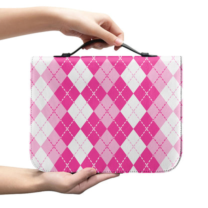 Pink And White Argyle Pattern Print Leather Bible Cover
