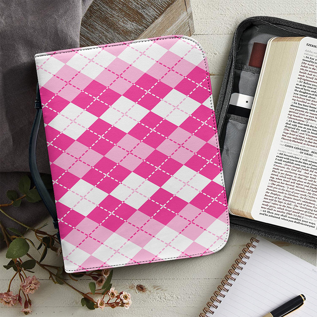 Pink And White Argyle Pattern Print Leather Bible Cover
